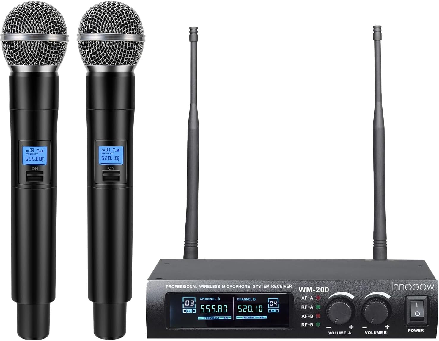 Dual UHF Metal Wireless Microphone System - 150-200Ft Range, 16 Hours Life