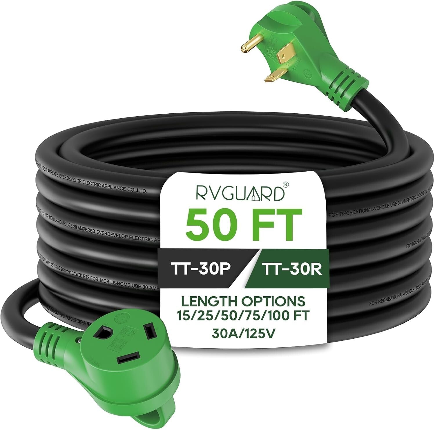 Weather-Resistant 30 Amp RV Extension Cord, 50 Ft with Storage Organizer