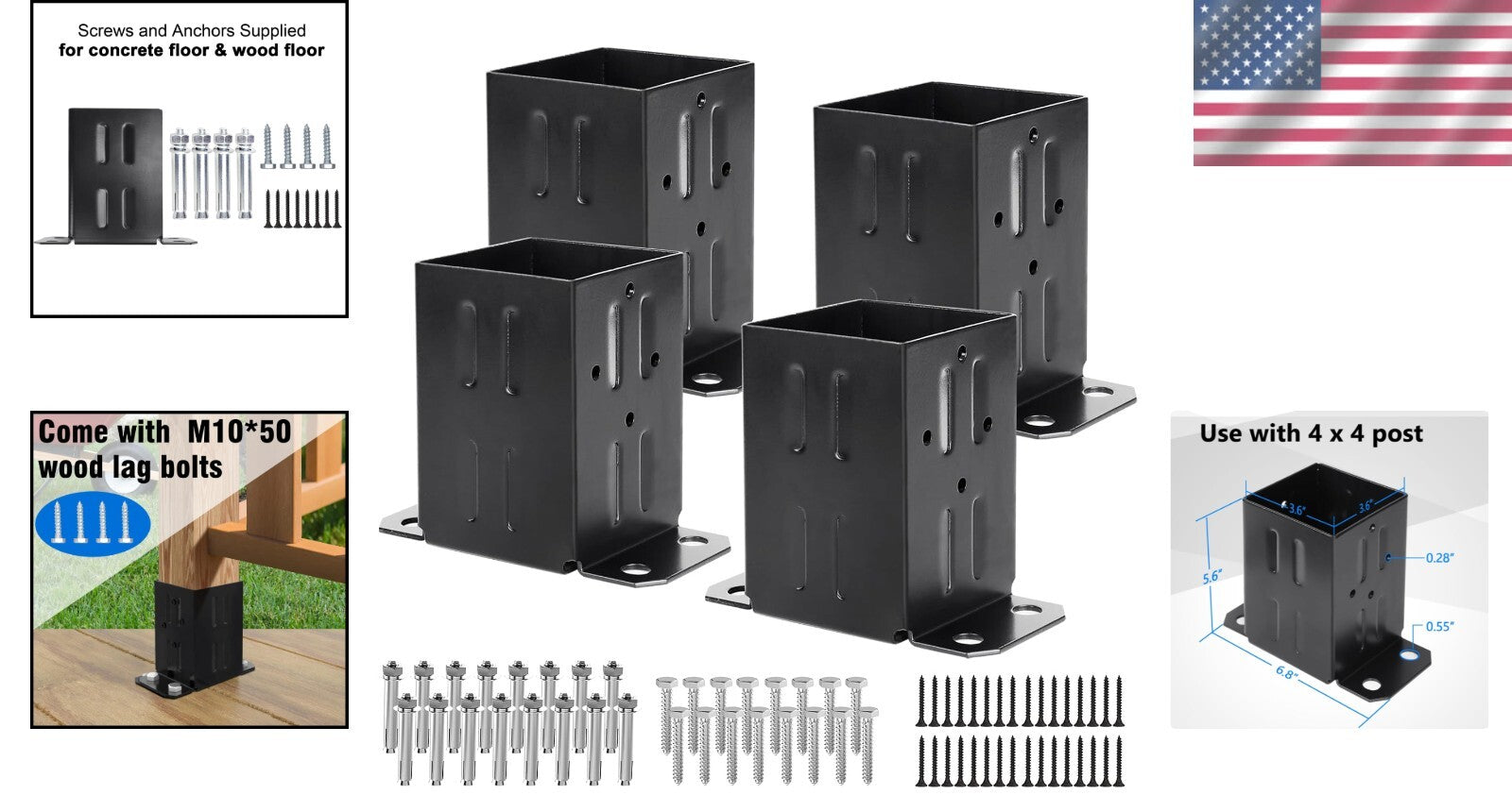 4x4 Post Anchor Base with Complete Installation Kit - 13GA Steel Construction