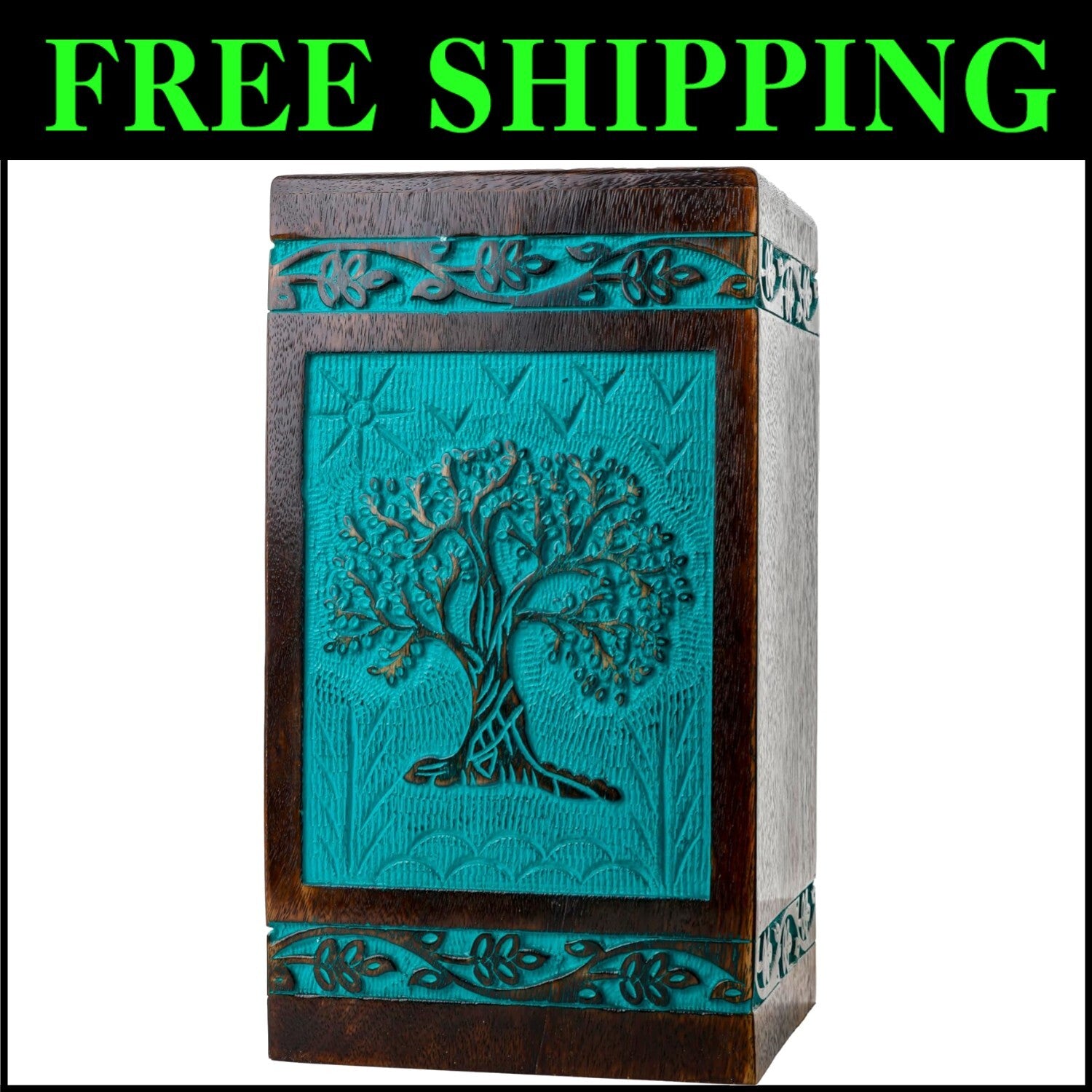 Handcarved Tree of Life Wooden Cremation Urn - 180 lbs Capacity, Teal Green