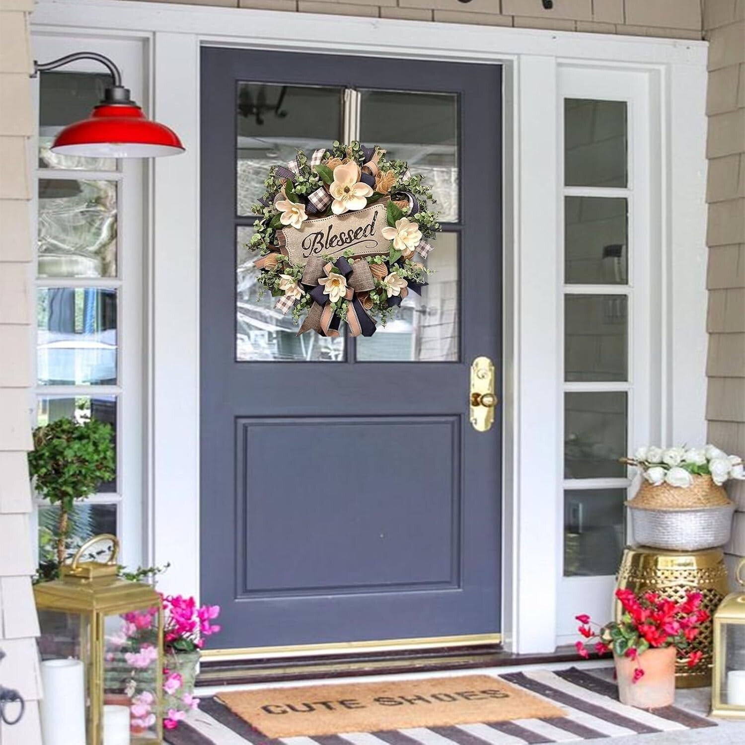 Farmhouse Magnolia Front Door Wreath with 'Blessed' Plaque for All Seasons