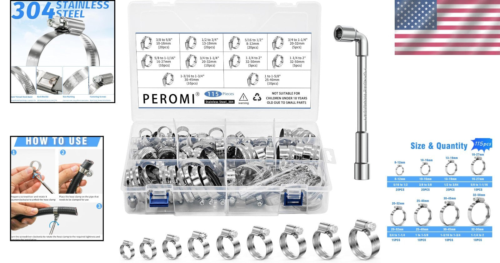 High-Strength Stainless Steel Hose Clamps - 115pcs with Rolled Edge Protection