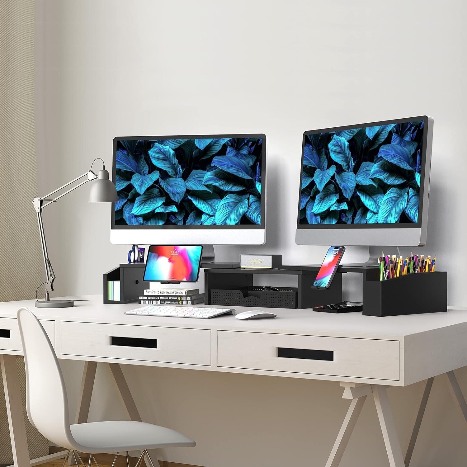 Multi-Functional Black Monitor Stand with Sliding Drawer & Organizers for Desks