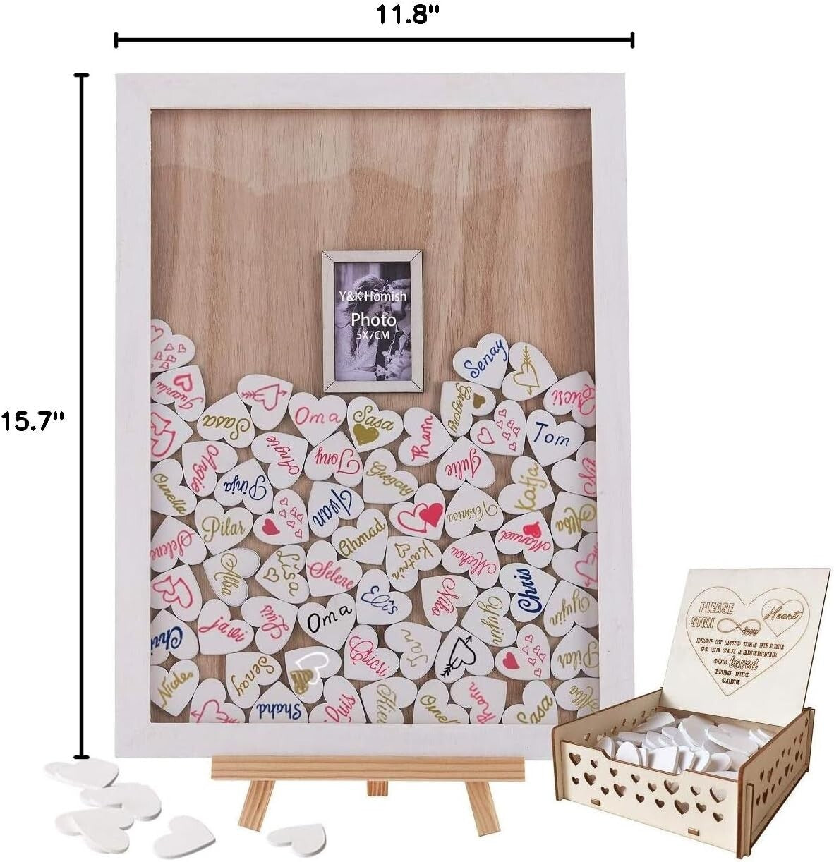 Art Deco Wedding Guest Book Frame with Natural Finish and Signing Hearts