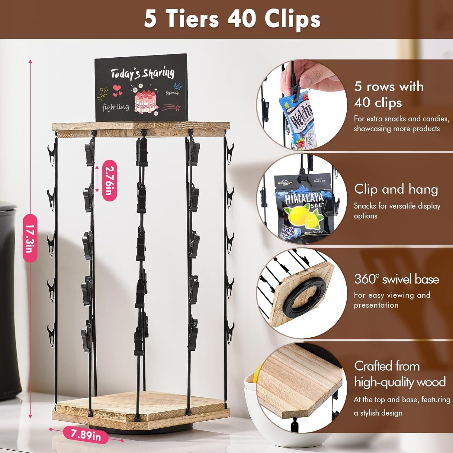 Stylish Wooden Chip Display Rack with 40 Clips and Message Board - 360° Access