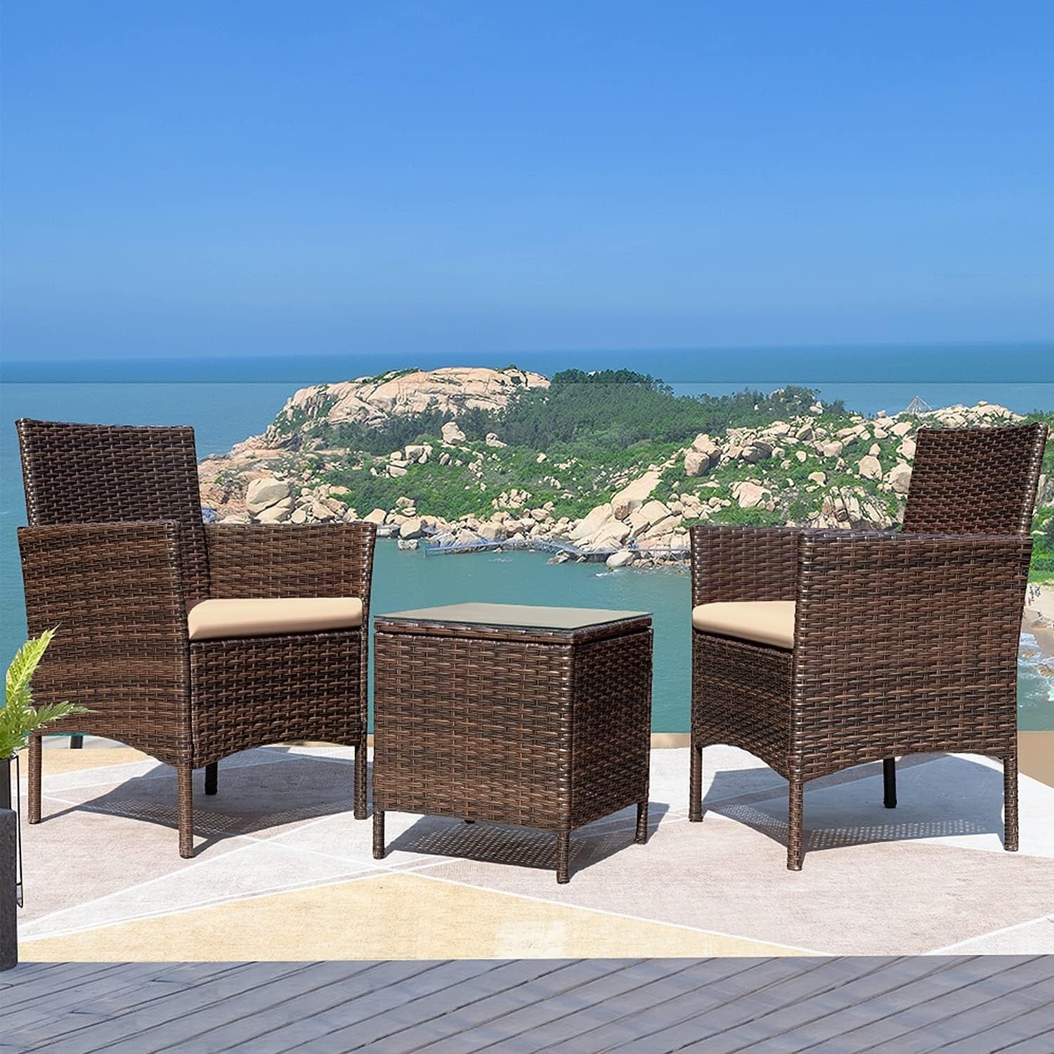 Elegant 3-Piece Outdoor PE Rattan Wicker Chairs with Soft Cushions & Glass Table