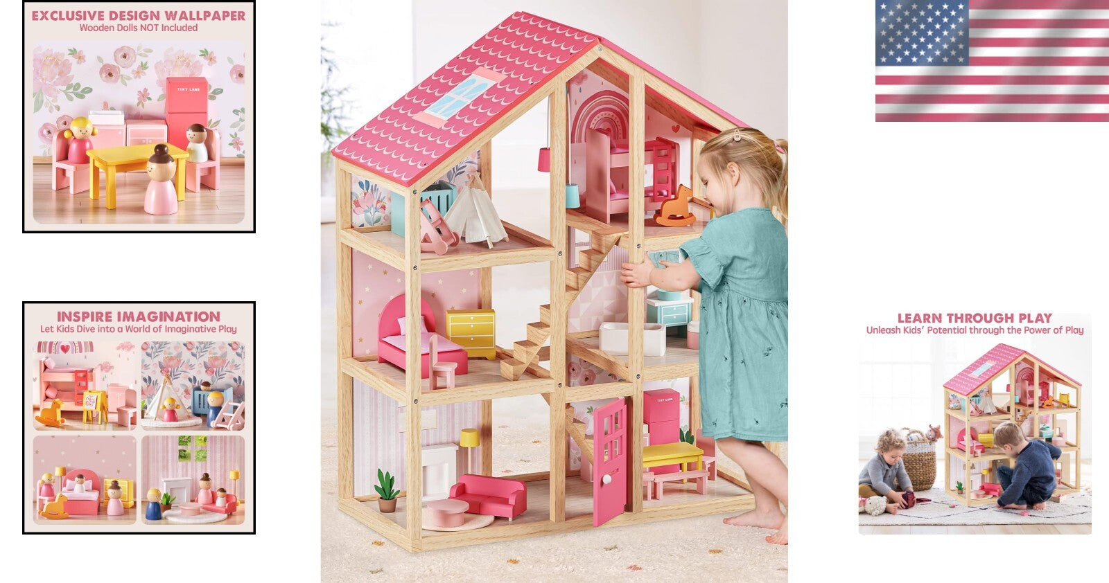 Durable 3-Story Wooden Dollhouse with Modern Furniture for Imaginative Girls