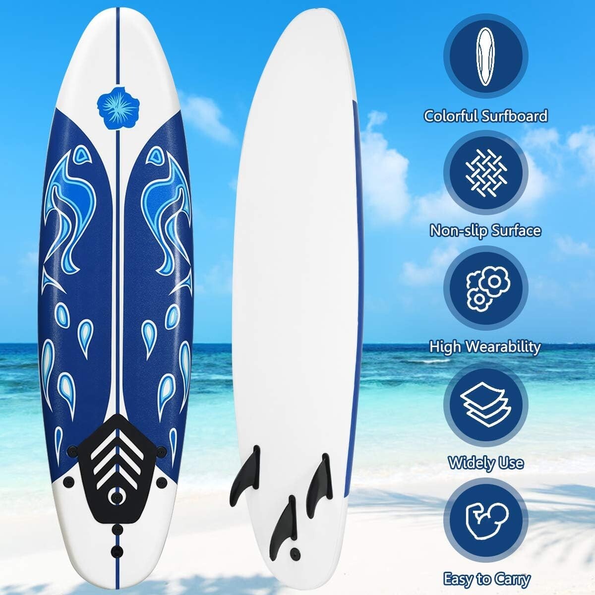 6 Ft Lightweight Surfboard with 3 Detachable Fins for Safe Water Adventures