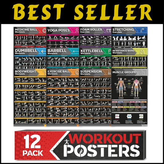 Striking Home Gym Workout Posters - Includes Dumbbell and Yoga Exercise Charts