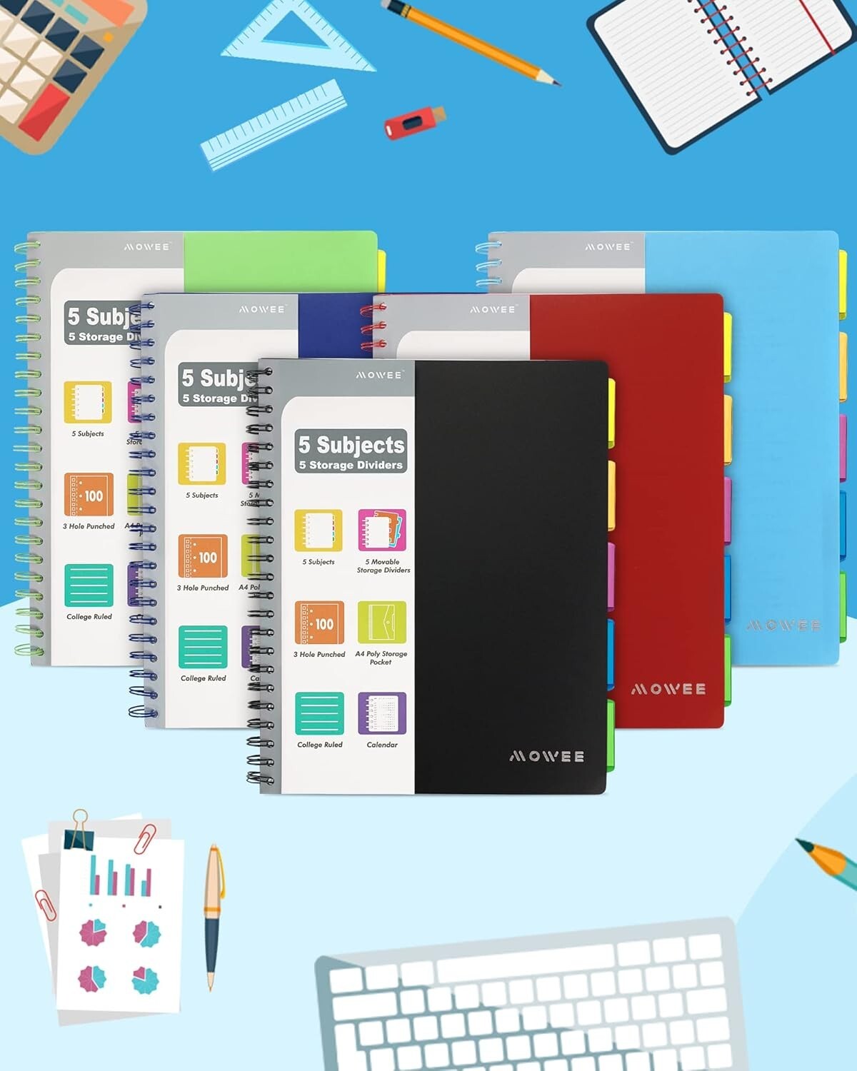 5 Subject College Ruled Notebook Set - Durable Vinyl with Pocket Dividers