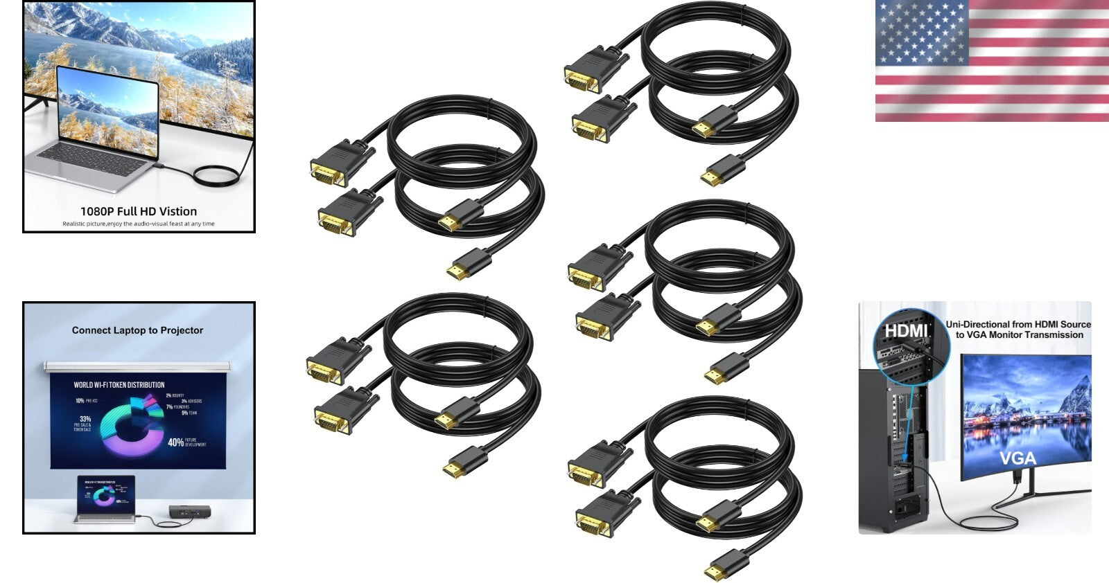 1080P HDMI to VGA Cable Set - 10-Pack 3FT Male to Male for Multiple Devices