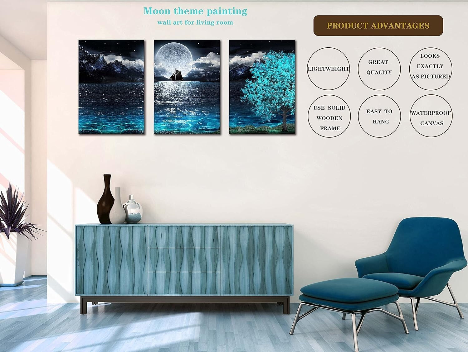 Elegant Teal Moon Wall Art Set - 3 Pieces Canvas for Living Room & Bedroom