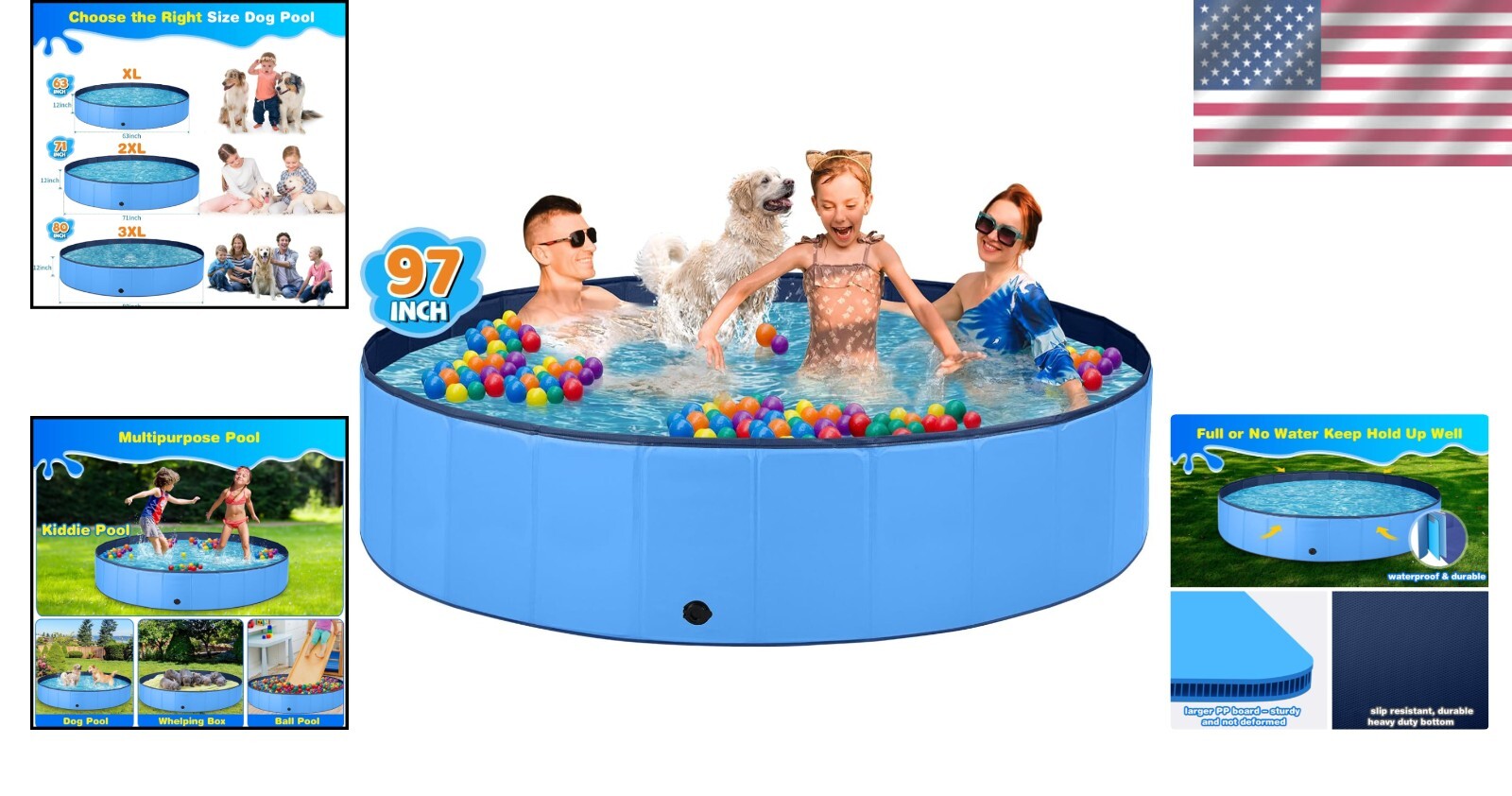 Large 510 Gallon Foldable Dog Pool with Anti-Slip Surface - Ideal for Summer Fun