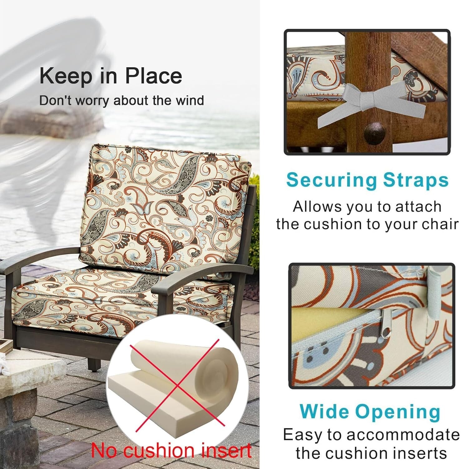 UV-Resistant Vintage Cushion Slip Covers with Ties - Fits 24x22x4 Inch Chairs