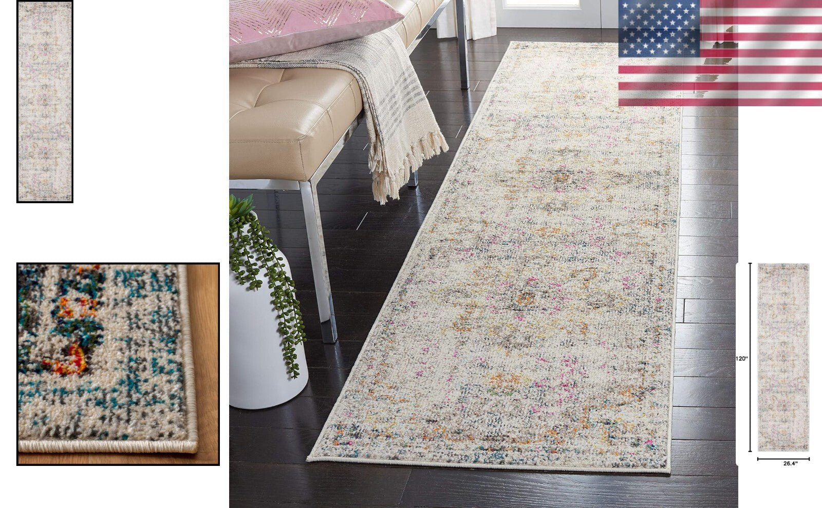 Durable Bohemian Runner Rug 2'2"x10' - Stain Resistant & Non-Shedding Grey/Gold