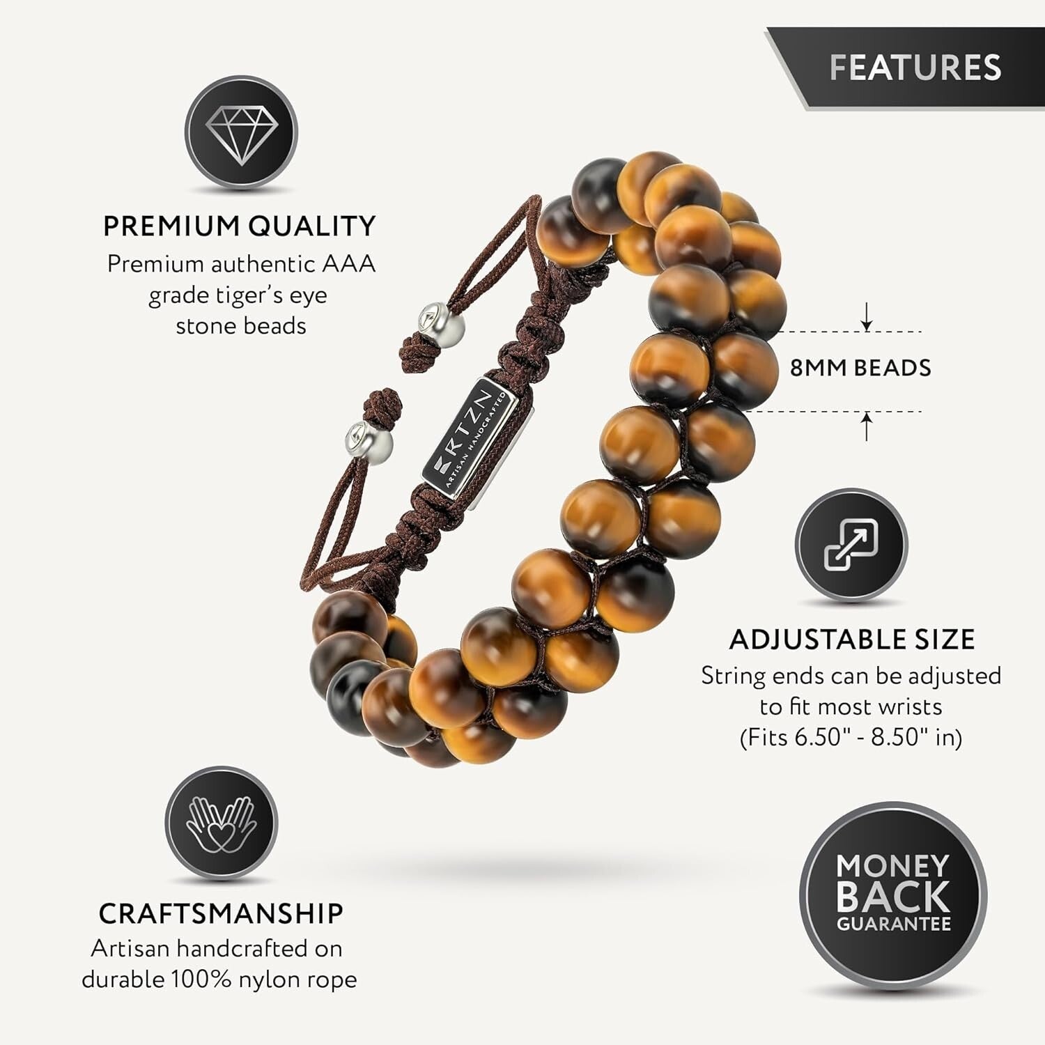 Men's Adjustable Tiger Eye Bracelet - Artisan Craftsmanship & Empowering Design