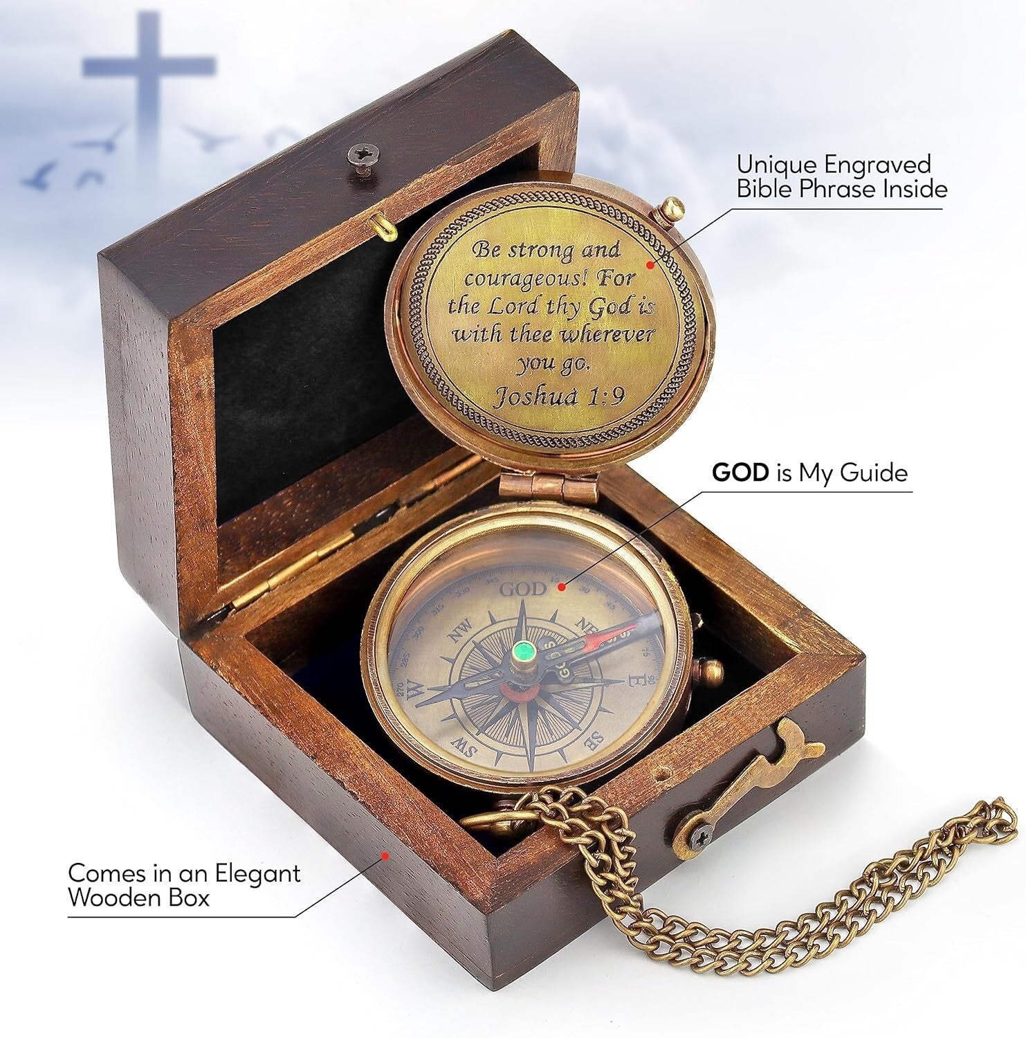 Elegant Brass Compass Display with Joshua 1:9 Inscription - Perfect for Gifting