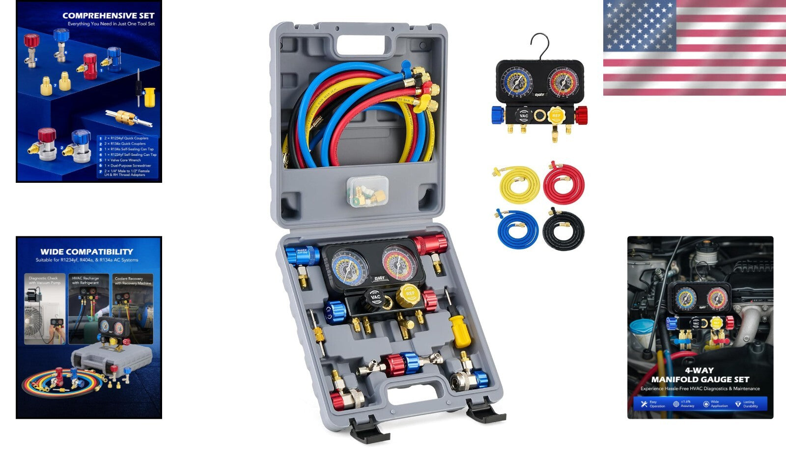 4-Way R1234yf AC Gauge Set with Hoses & Quick Couplers for Precision HVAC Care