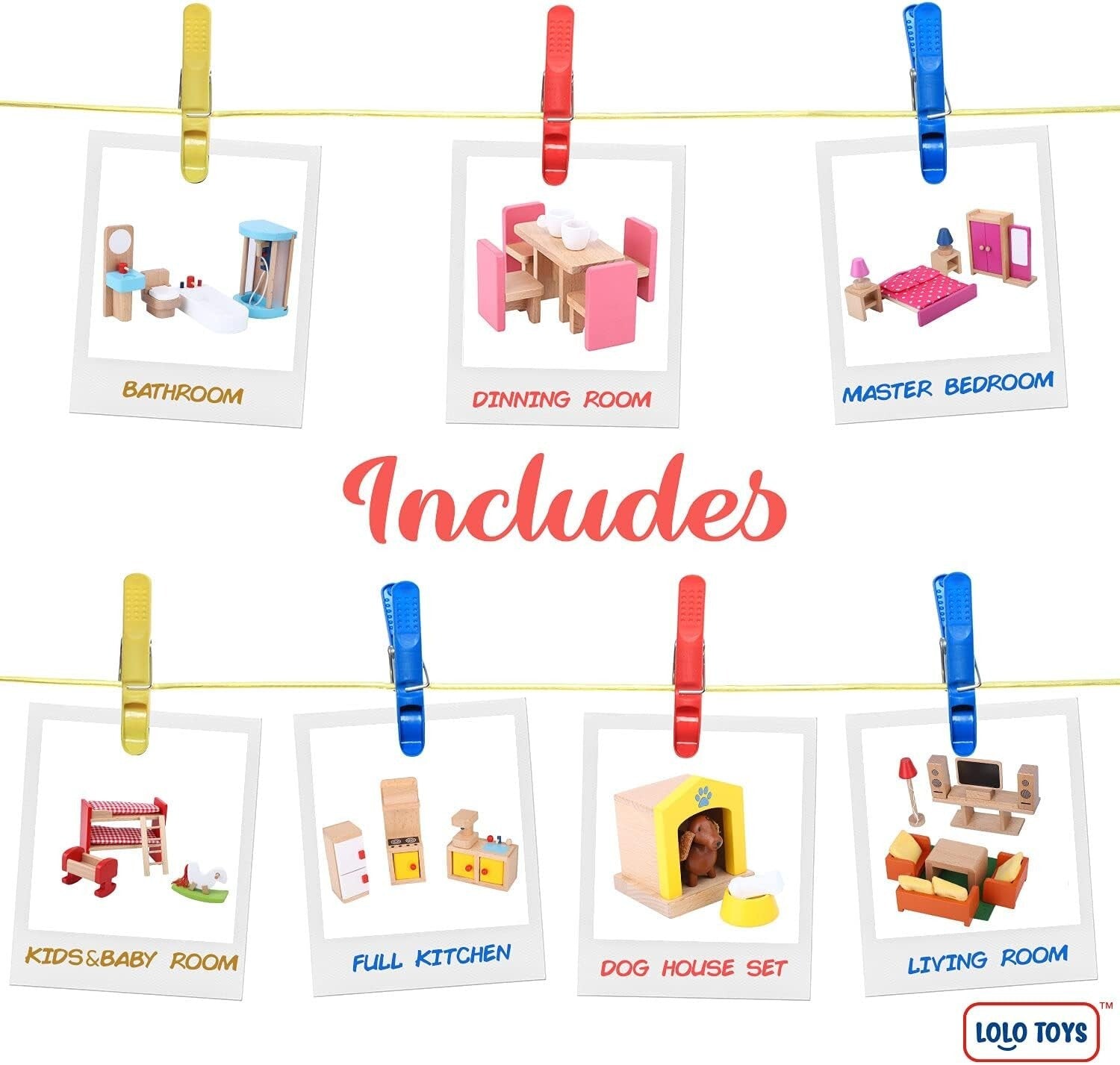 Wooden Dollhouse Furniture Set – 49PCS, 7 Rooms for Kids’ Creative Adventures