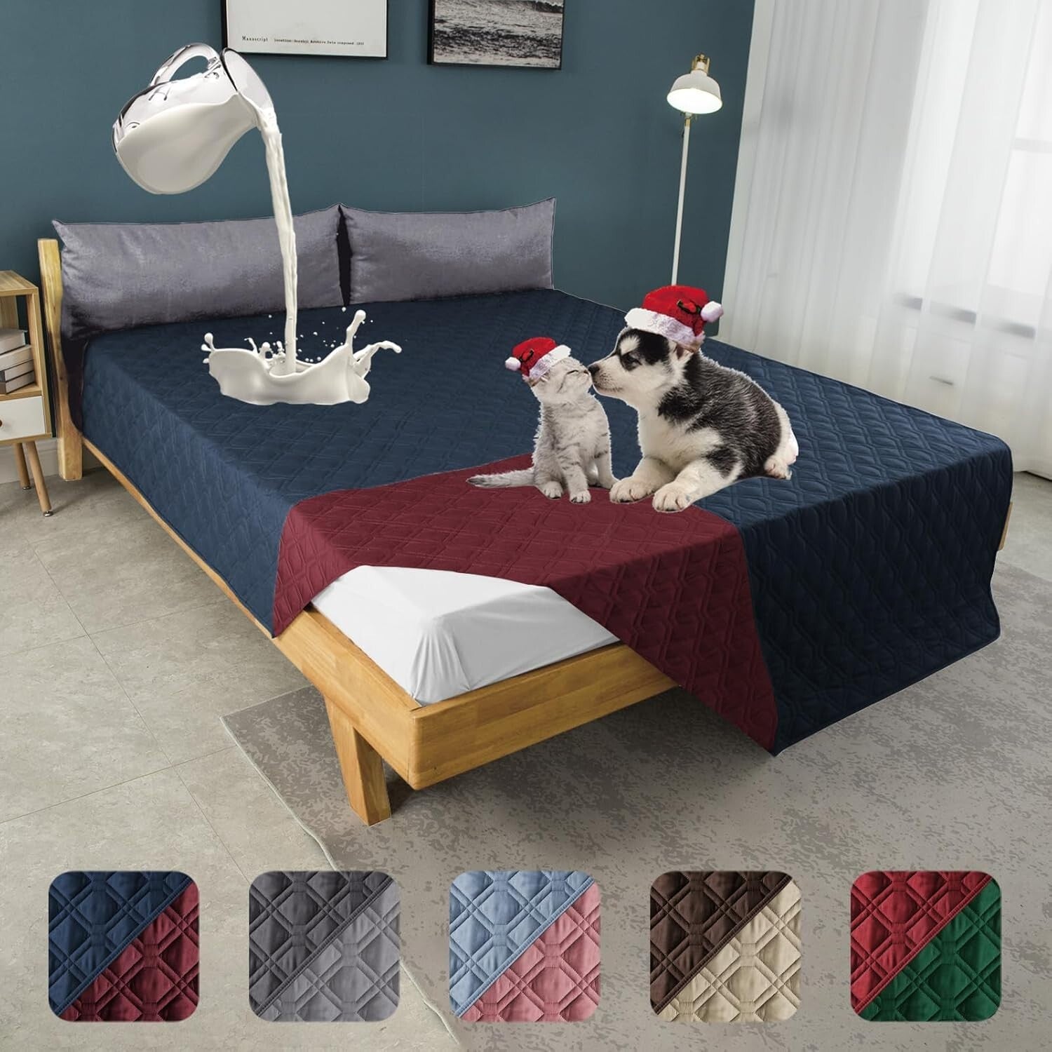 100% Waterproof Reversible Dog Bed Cover 86x82" - Navy & Burgundy Elegant Mat