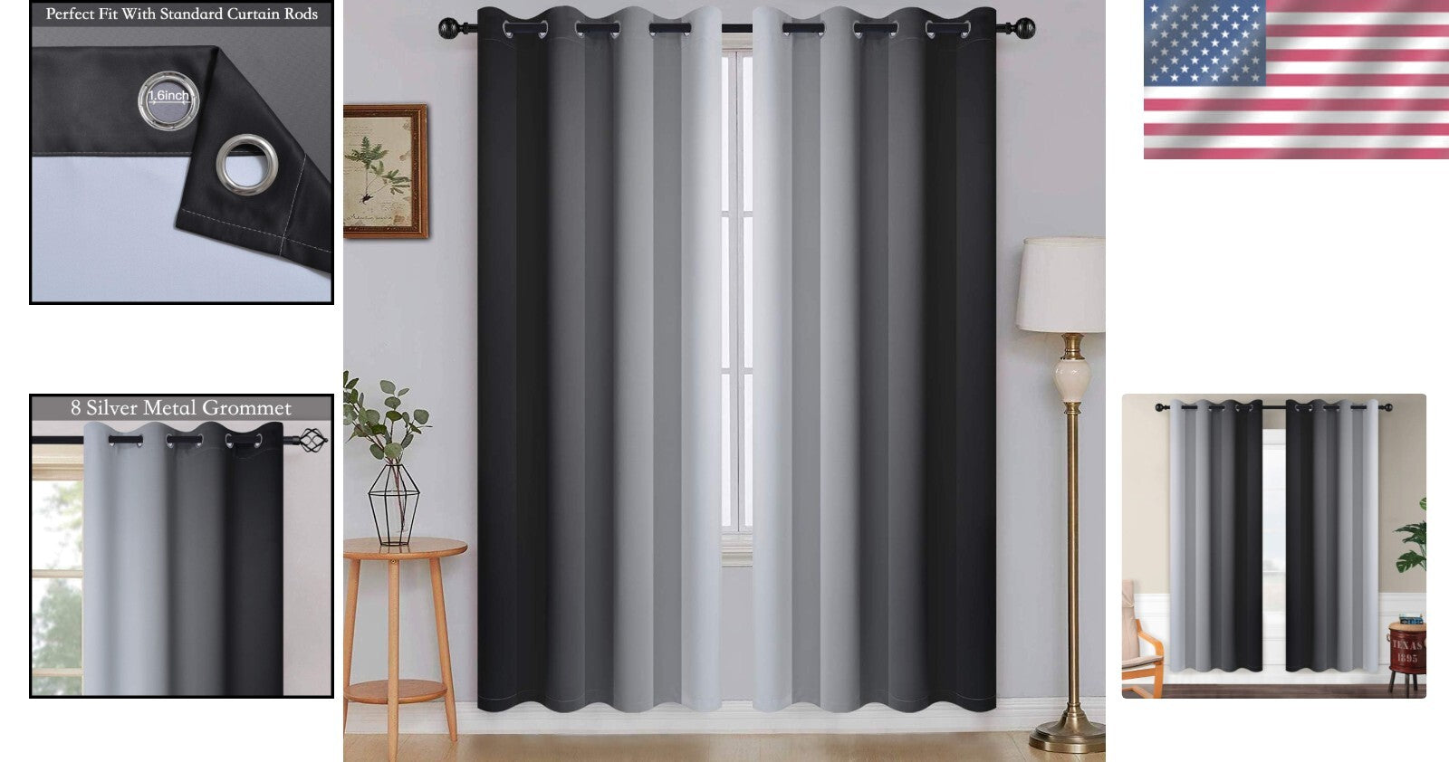 Soft Gradient Black and Grey Grommet Curtains, 2 Panels 52x72 - Noise Reduction