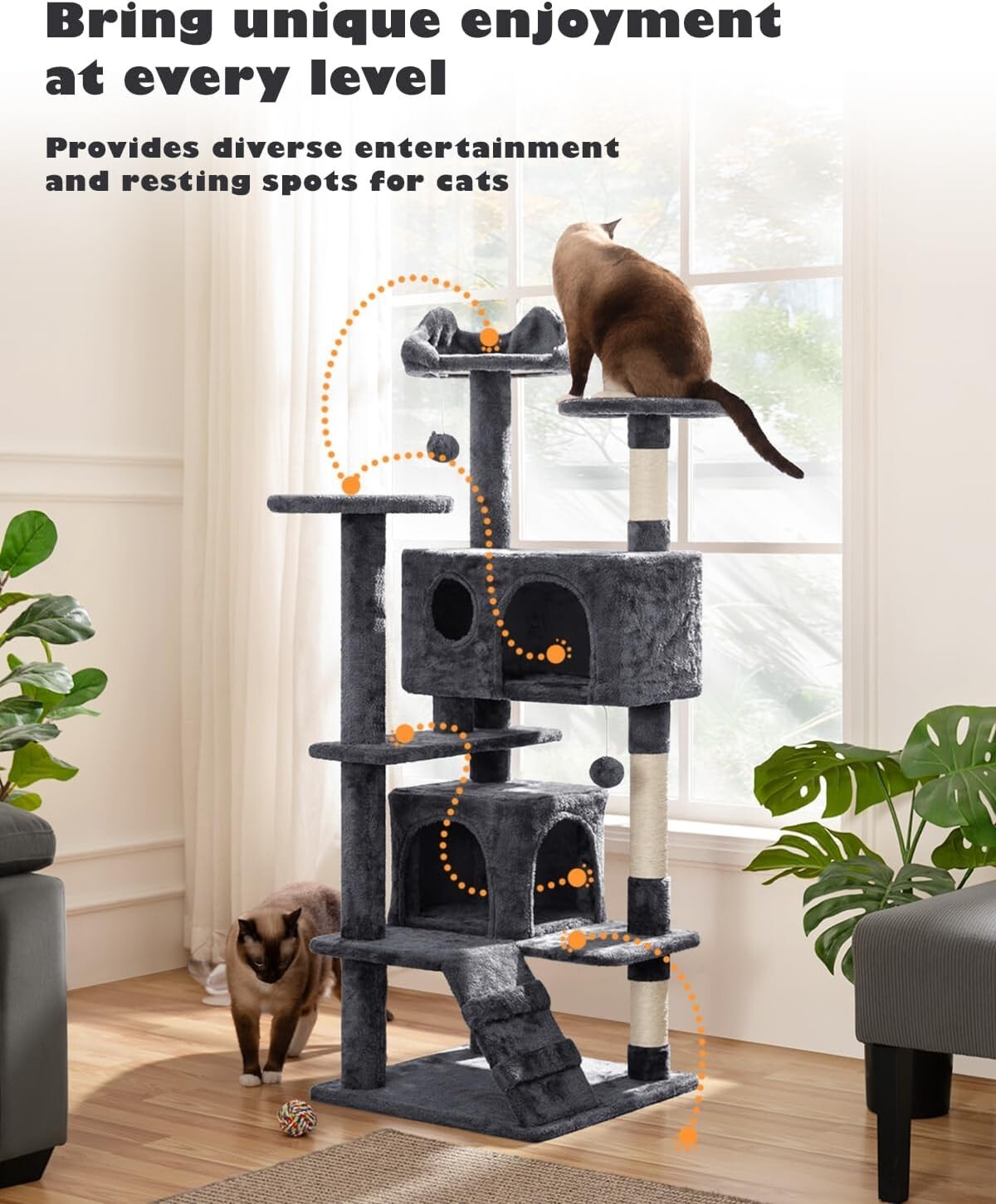 Durable 54-Inch Cat Tower with Plush Hideaways and Interactive Dangling Balls