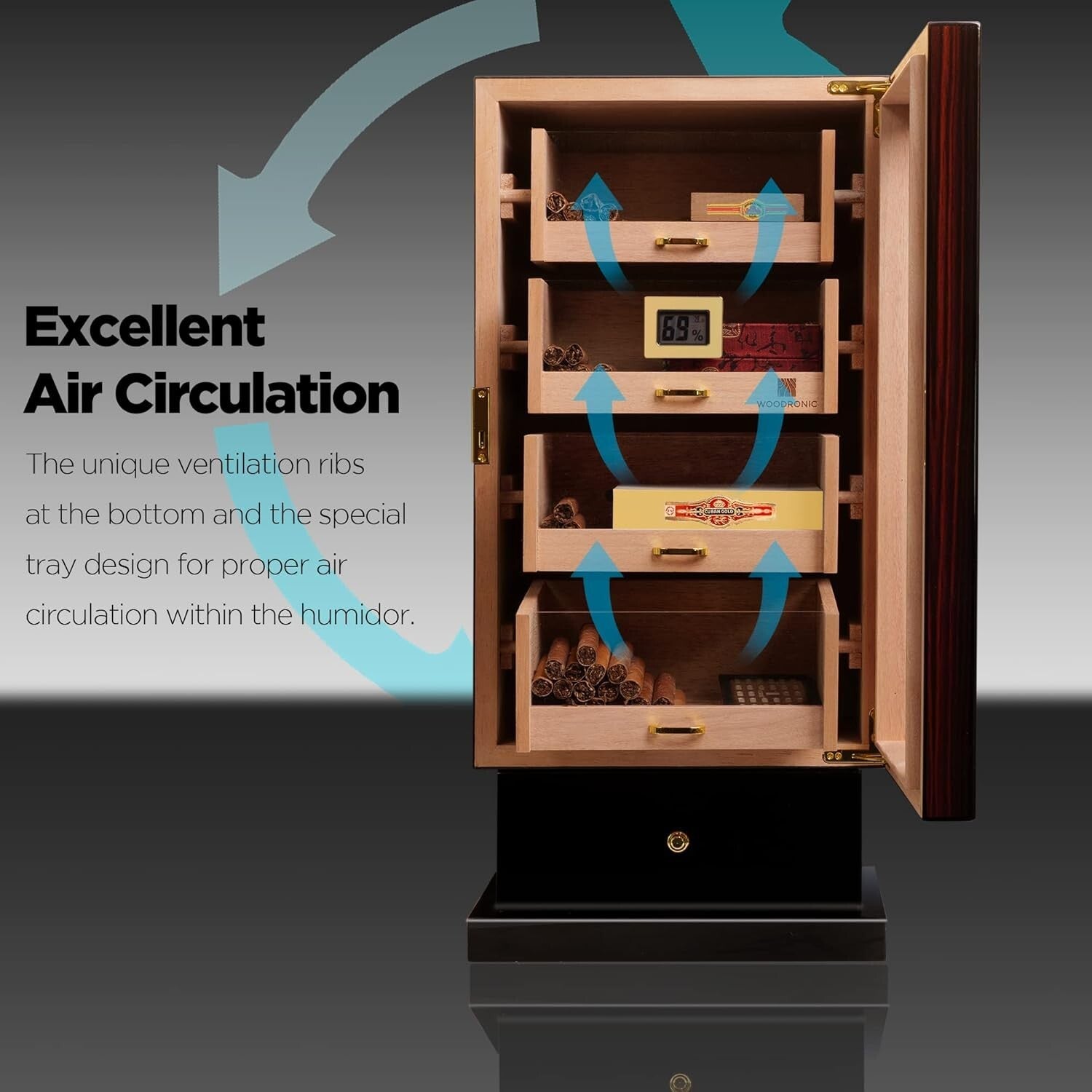 Premium 250-Cigar Capacity Humidor with Crystal Humidifiers & Digital Hygrometer