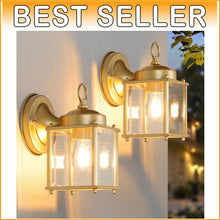Load image into Gallery viewer, Weather Resistant Gold Wall Mount Lanterns - Set of 2 for Elegant Outdoor Spaces