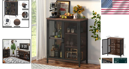 Farmhouse Style Alcohol Cabinet with Lockable Doors & Adjustable Storage Shelves