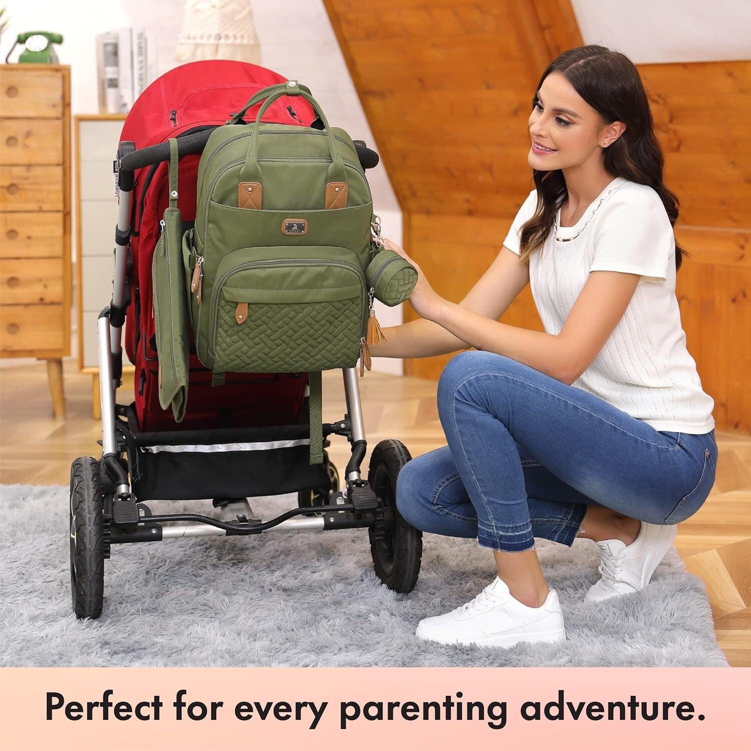 Stylish Unisex Diaper Bag Backpack with Changing Pad & Stroller Straps - Green