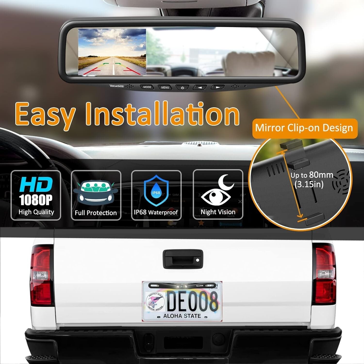 1080P Waterproof Car Backup Camera with 4.3" In-Mirror Monitor Clip-On Design