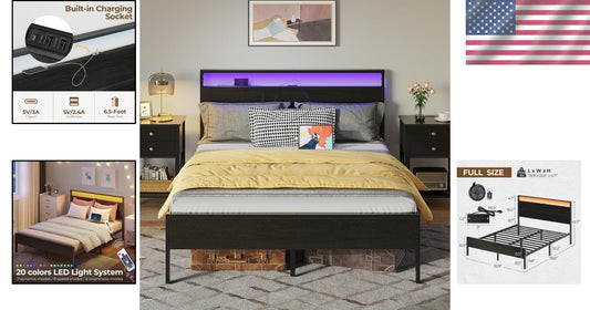 Full Size Bed Frame with Under-Bed Storage & LED Lighting for Modern Bedrooms