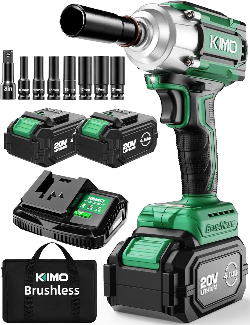 Powerful KIMO 1/2” Impact Wrench with 2x4.0Ah Batteries & 7 Sockets Included