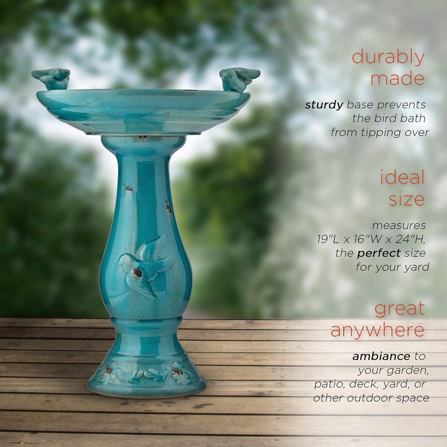 Antique Turquoise Ceramic Birdbath with Pedestal & 2 Bird Figurines - 25" Tall