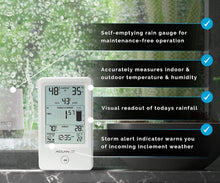 Load image into Gallery viewer, Self-Emptying Rain Gauge with Indoor/Outdoor Thermometer and Humidity Monitor