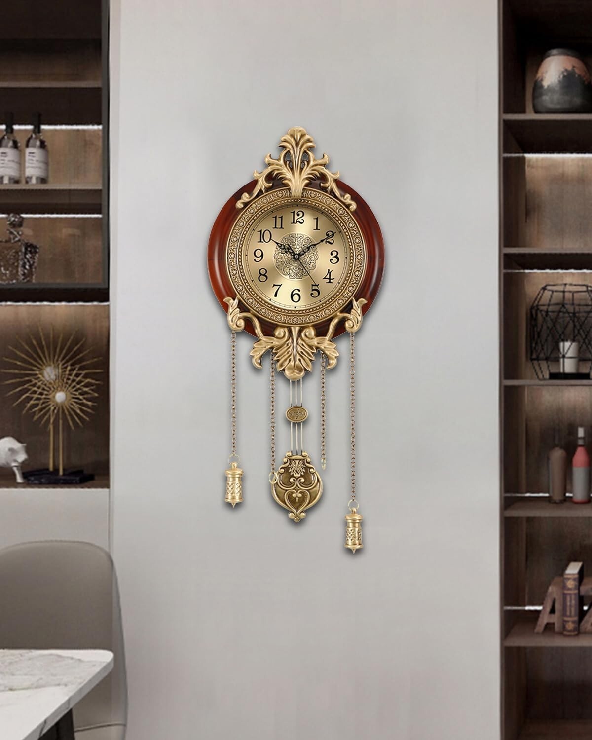 Stylish Brown Wall Clock with Pendulum – Silent, Battery Operated Elegance
