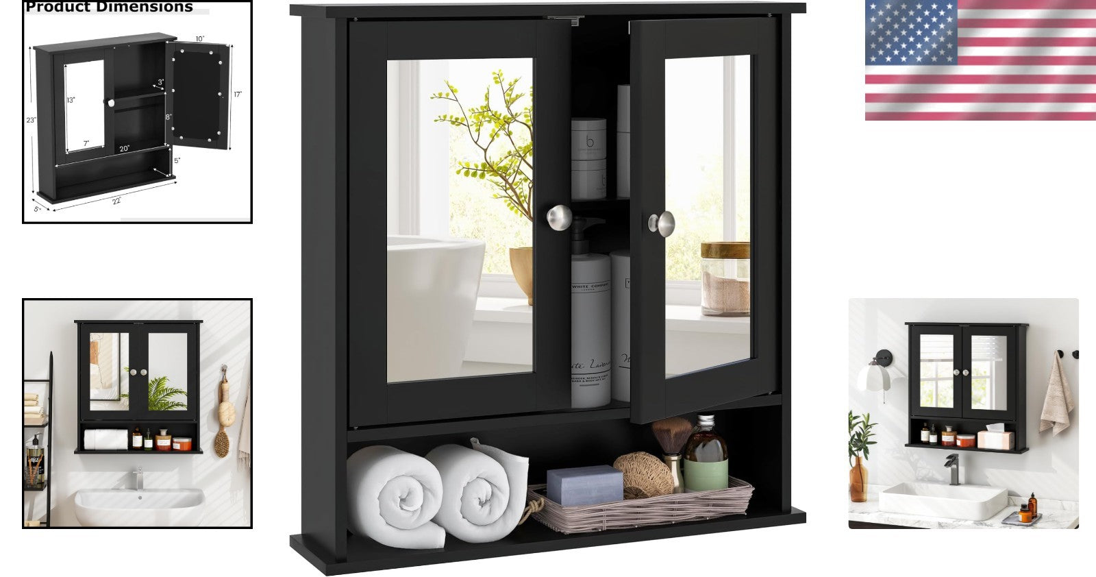 Black Wooden Bathroom Organizer with Double Mirror Doors - Space-Saving Design