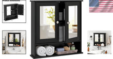 Load image into Gallery viewer, Black Wooden Bathroom Organizer with Double Mirror Doors - Space-Saving Design