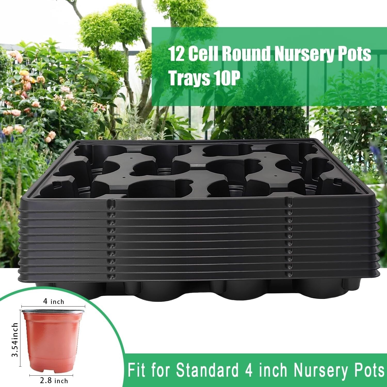 12 Cell Nursery Pots Trays - Durable Seedling Carrier for 4-Inch Pots (10-Pack)