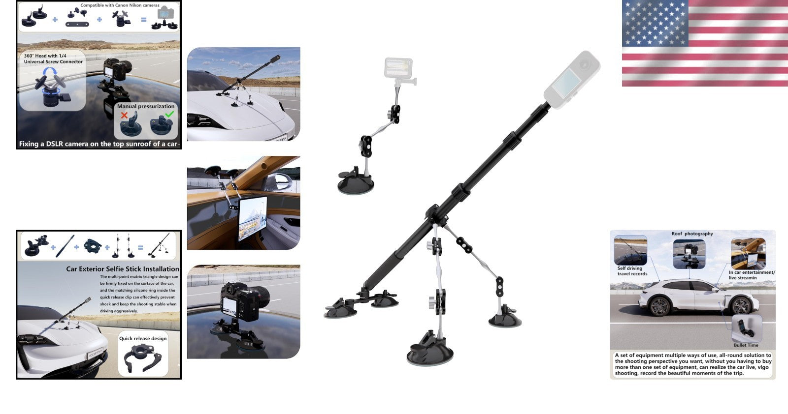 Aviation Grade Aluminum Car Mount with 44-Inch Selfie Stick for Action Cameras