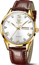 Load image into Gallery viewer, Elegant 39mm Brown Leather Dress Watch with Gold Case &amp; Waterproof Feature