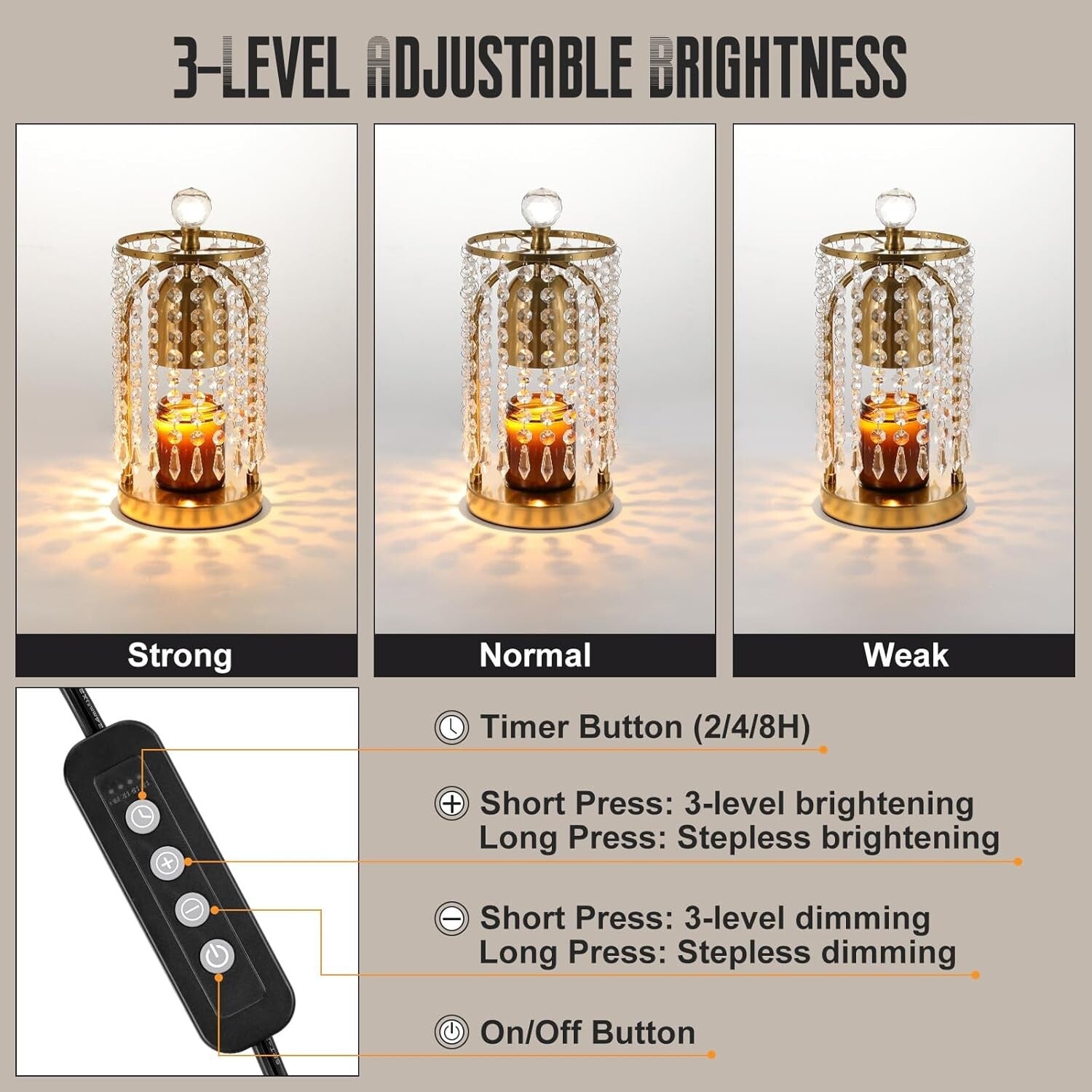 Candle Warmer with Timer & 2 Bulbs - Stylish Gold Crystal Decor for Home