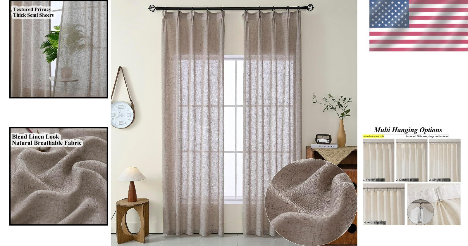 102-Inch Dark Taupe Faux Linen Custom Curtains - Rustic Sheer Drapes, 2 Panels