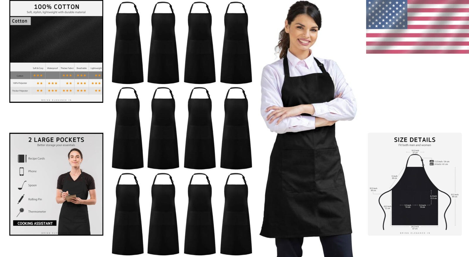 Unisex 100% Cotton Bib Aprons - Bulk 12 Pack with Large Pockets for Kitchen Use