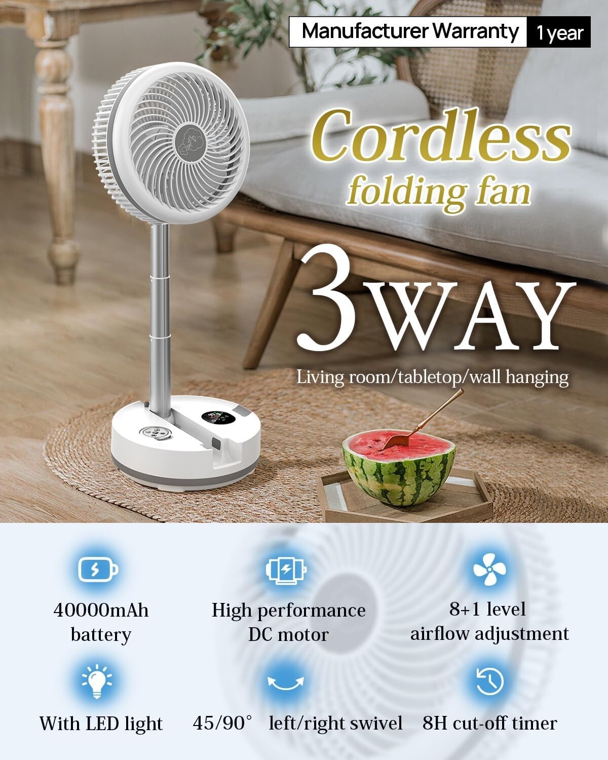 10-Inch Oscillating Portable Fan with Remote, LED Lights & 114HR Battery Life