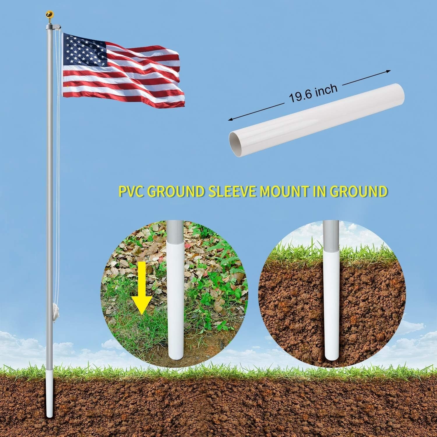 16FT Extra Thick Aluminum Flagpole with Complete Installation Kit & Free Flag