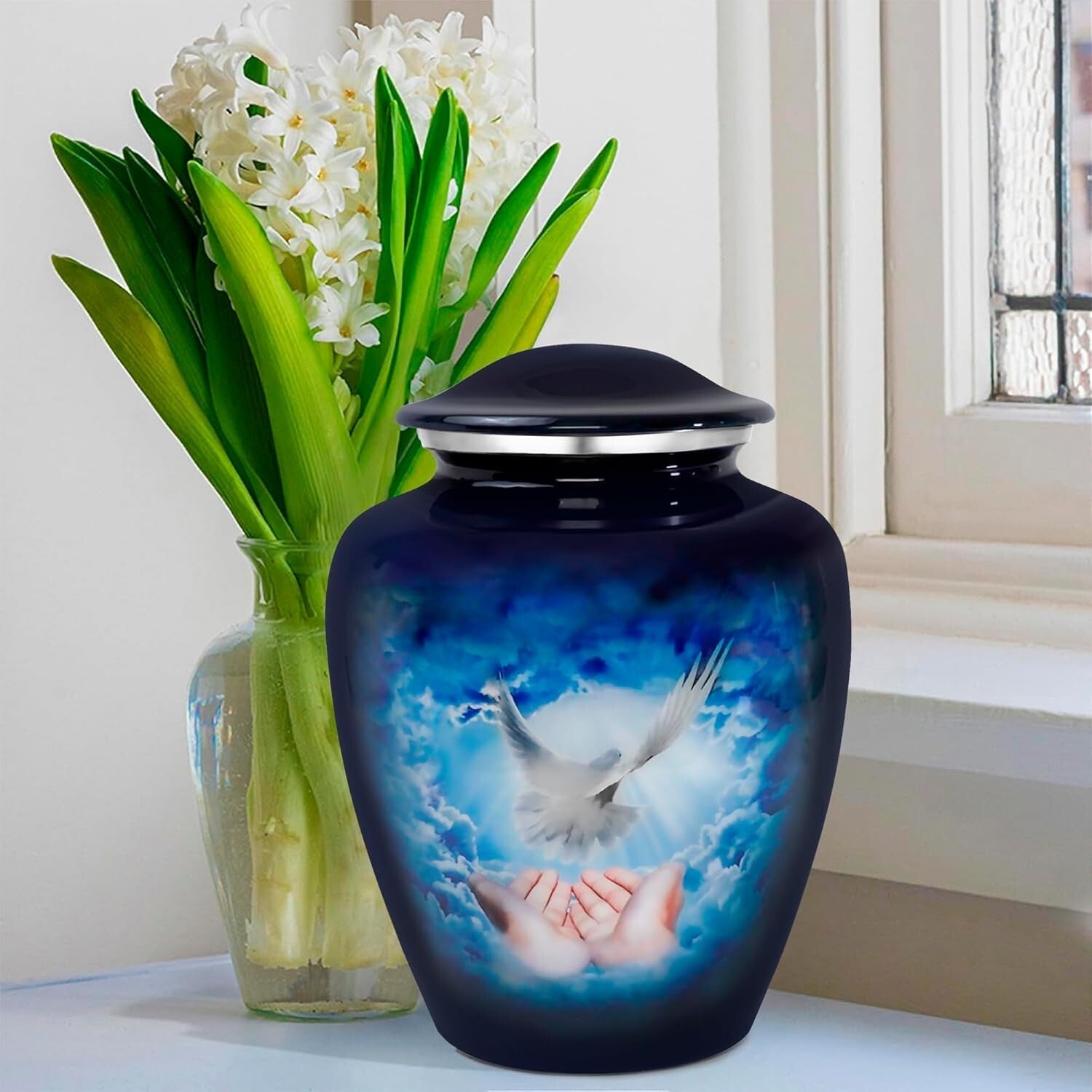 Durable 9.2" Blue Dove Cremation Urn - Secure Threaded Top, Velvet Bag Included