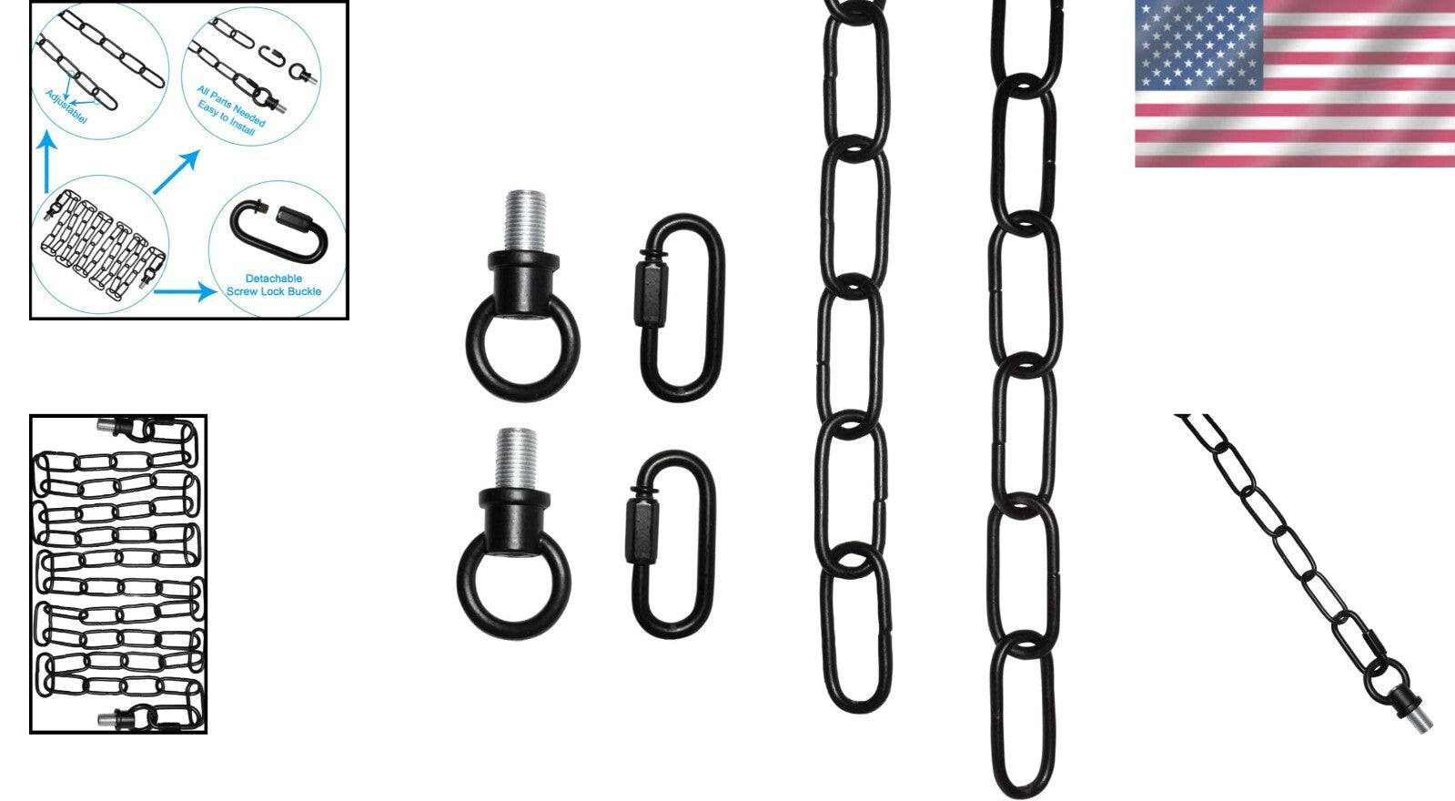 Adjustable 20FT Black Pendant Light Fixture Chains - 65 lbs Capacity, 2 Pack