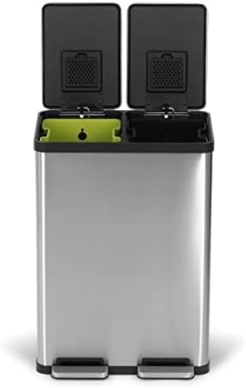 60L Hands-Free Dual Compartment Stainless Steel Trash Can with Soft-Close Lid