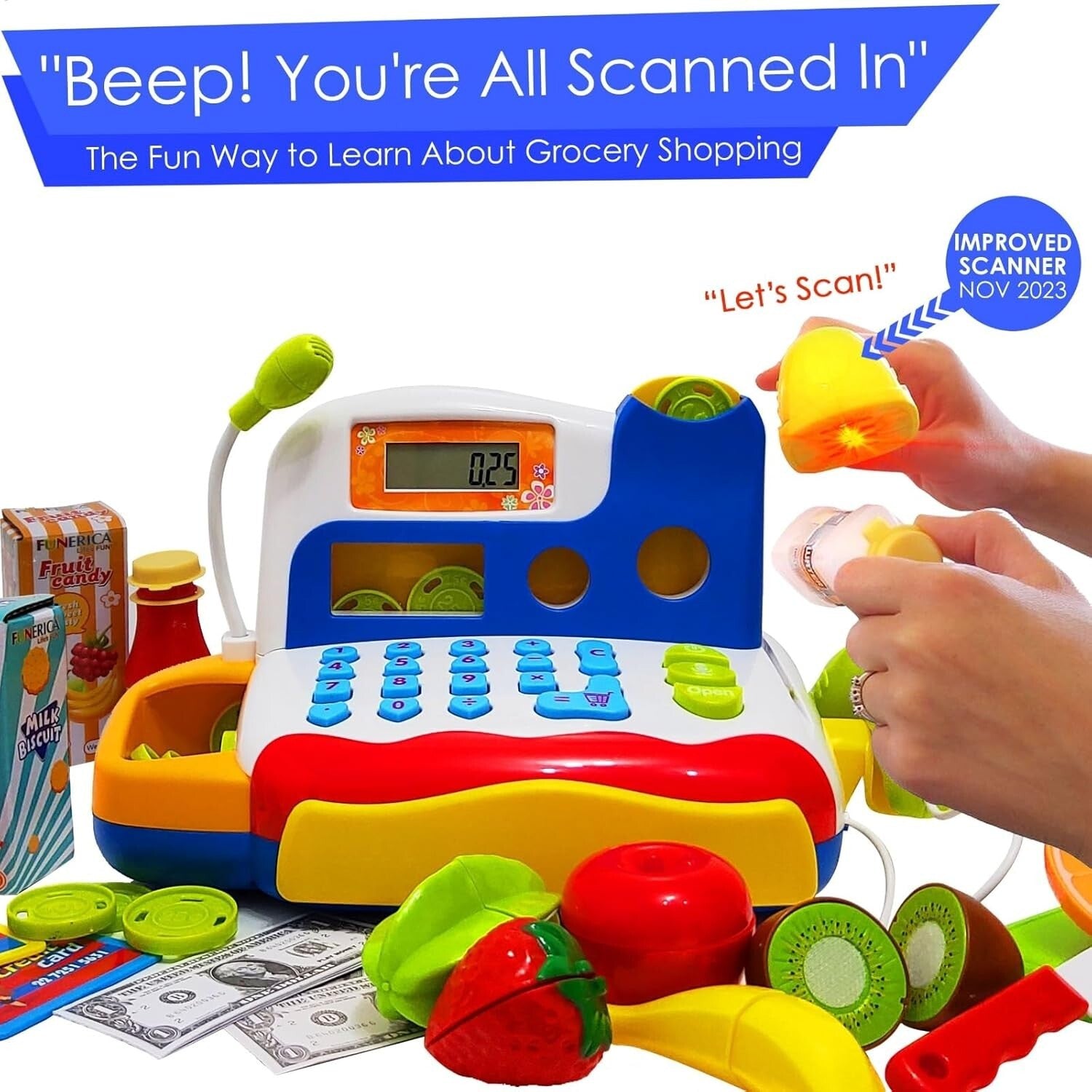 Engaging Toy Cash Register with Sound, Play Money & Grocery Items for Kids
